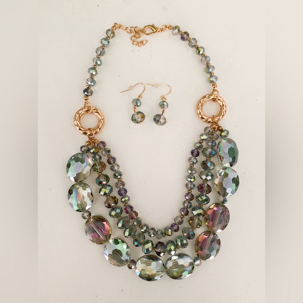 Aurora Borealis crystal glass bead necklace and earring set